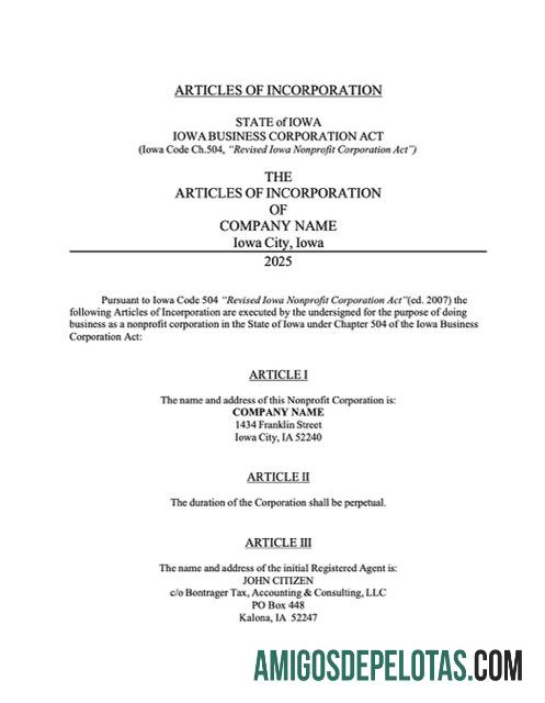 Artigos de incorporação realistas dos EUA Iowa modelo Word e PDF